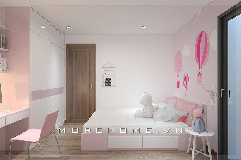 Giường ngủ bé gái gỗ công nghiệp với sự kết hợp hài hòa giữa 2 gam màu trắng - hồng tạo nên một không gian phòng ngủ dễ thương, ấn tượng